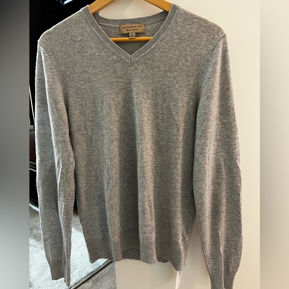 Burberry London wool v-neck sweater with elbow patches